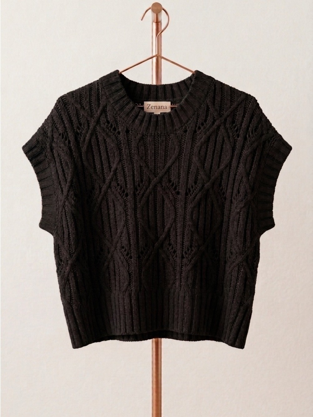 Zenana Outfitters Black Cable-Knit Crewneck Sweater
